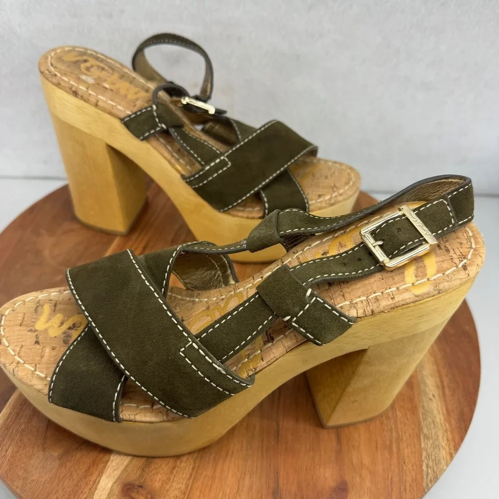 Sam Edelman Mae Olive Green Suede Cork Platform Heel Ankle Strap Block Heel 8.5M